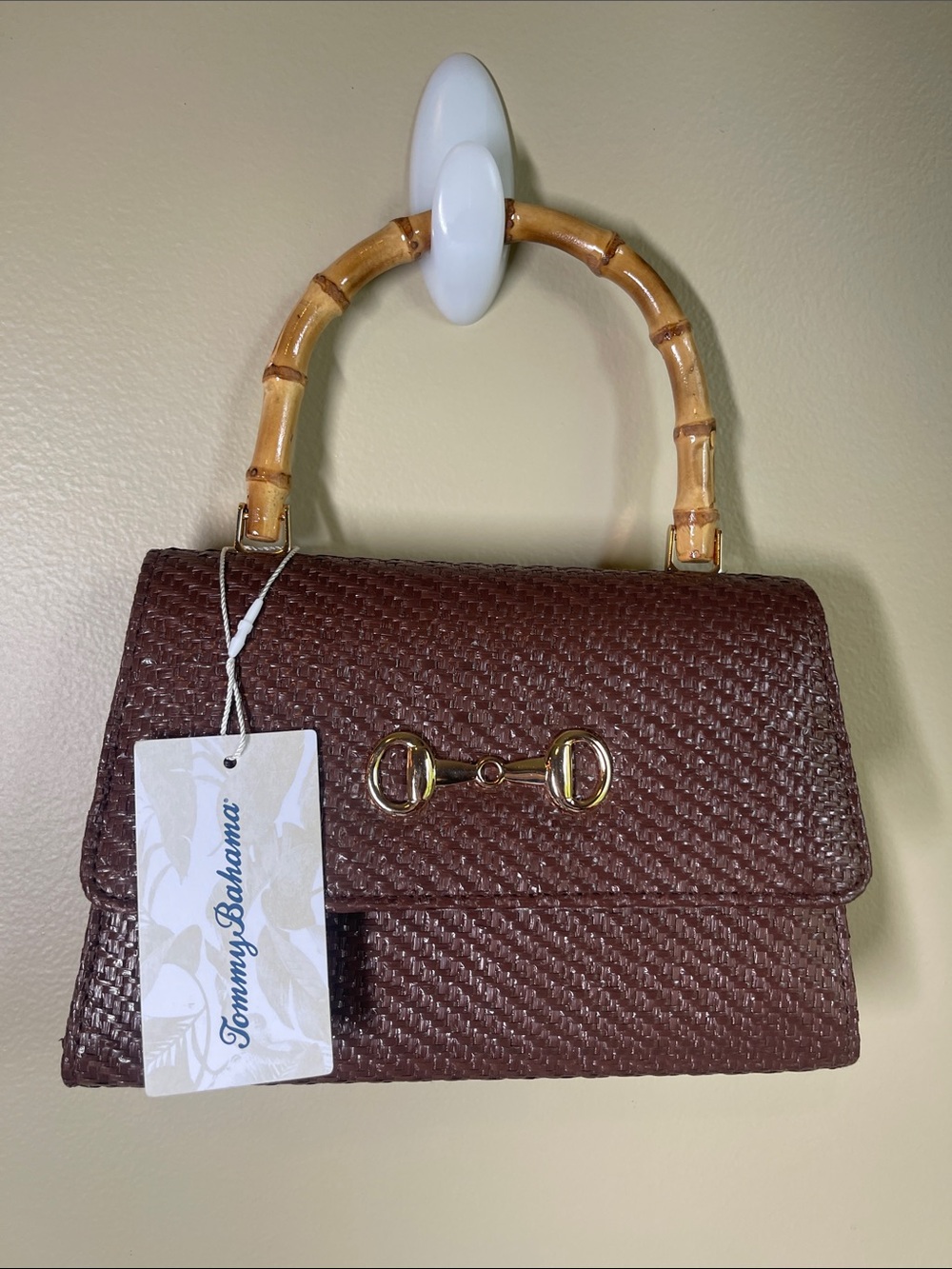Tommy Bahama Brown Woven Satchel with Bamboo Handle - Picture 1 of 5
